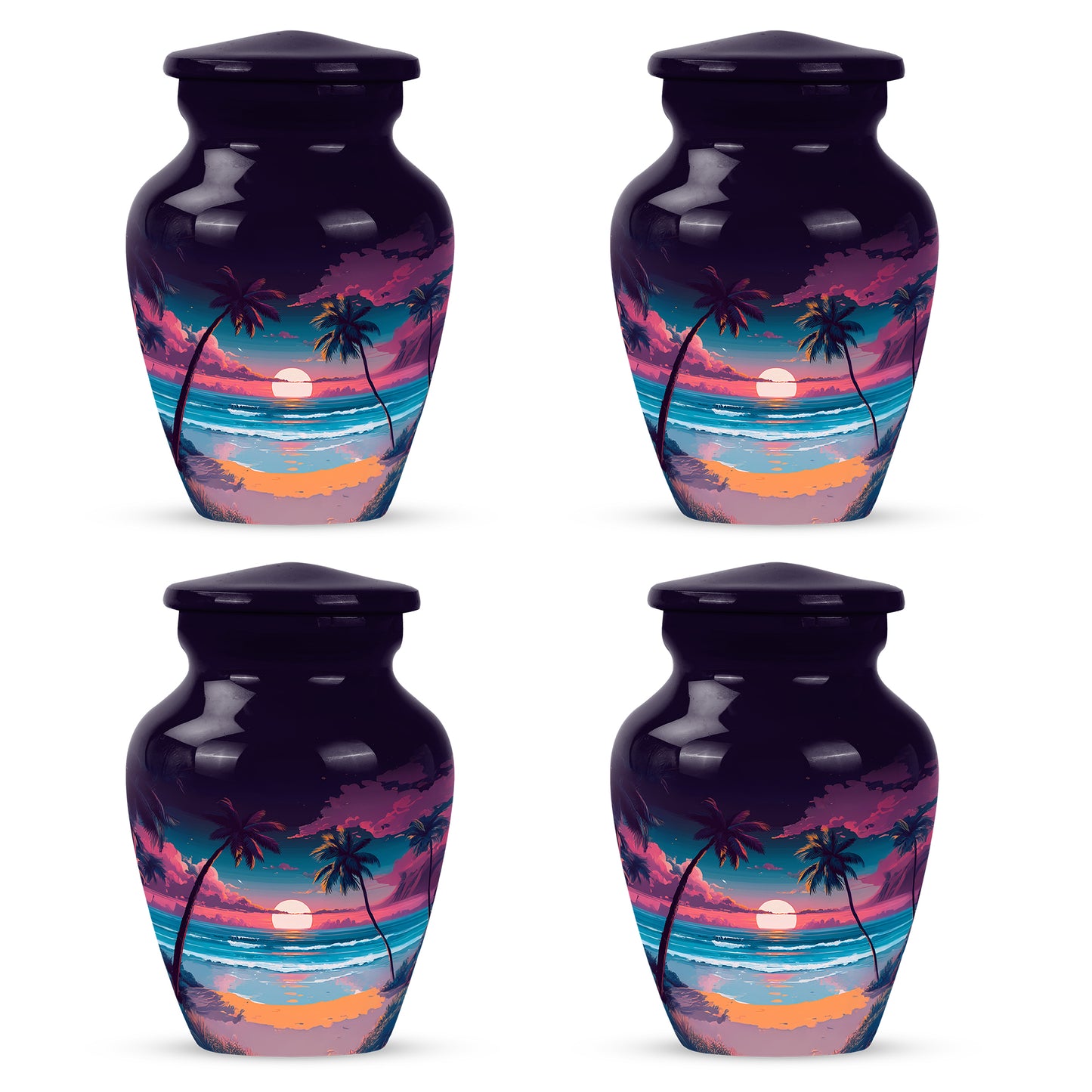 Majestic Purple Beach Cremation Urn side profile showing urn shape - timeless beach motif etched into premium metal - 10 inch aluminum urn for cremated remains