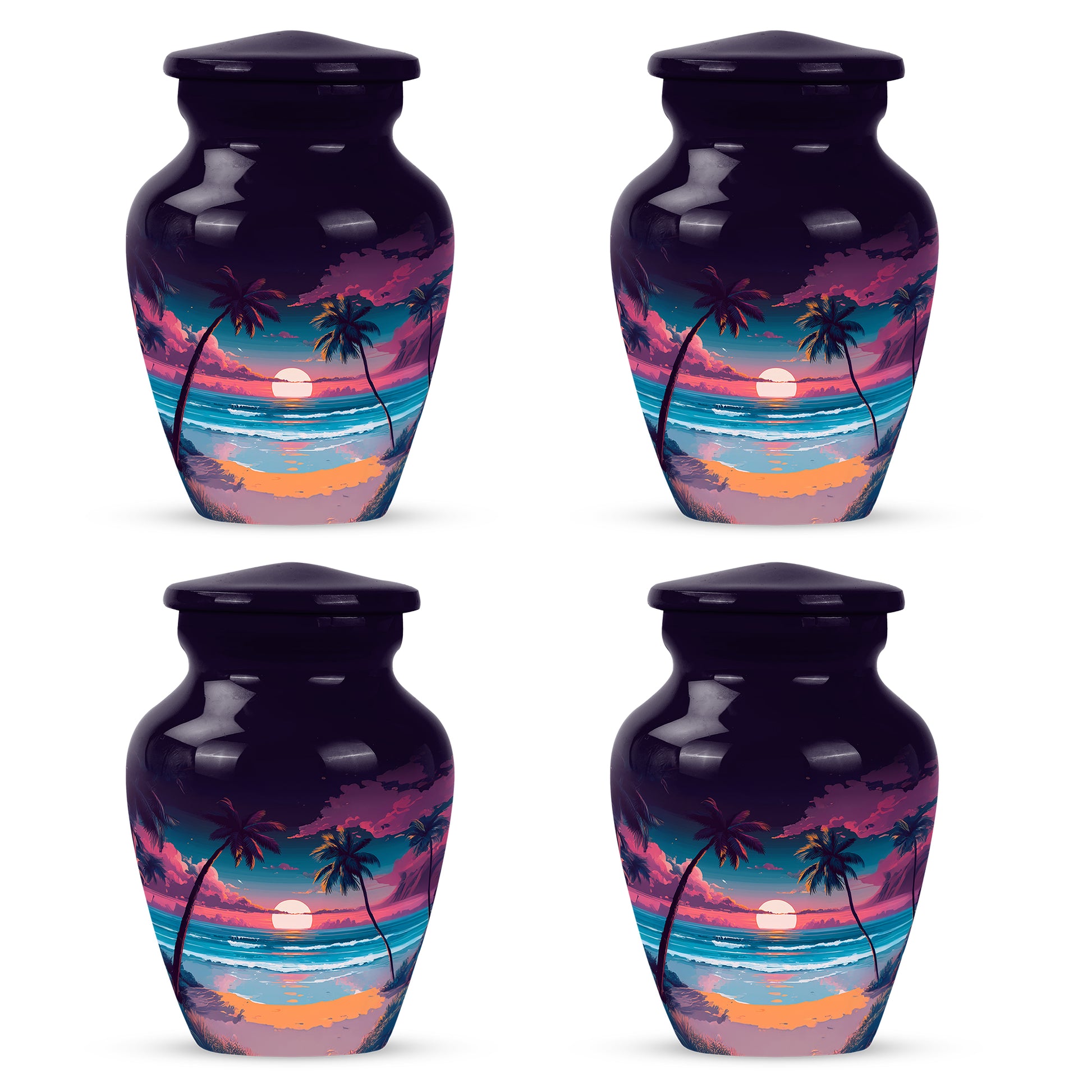 Majestic Purple Beach Cremation Urn side profile showing urn shape - timeless beach motif etched into premium metal - 10 inch aluminum urn for cremated remains