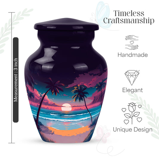 Plum Purple Beach Cremation Urn close-up of engraving and surface detail - classic sculpted beach pattern on smooth aluminum - mini keepsake memorial for portion of cremation ashes