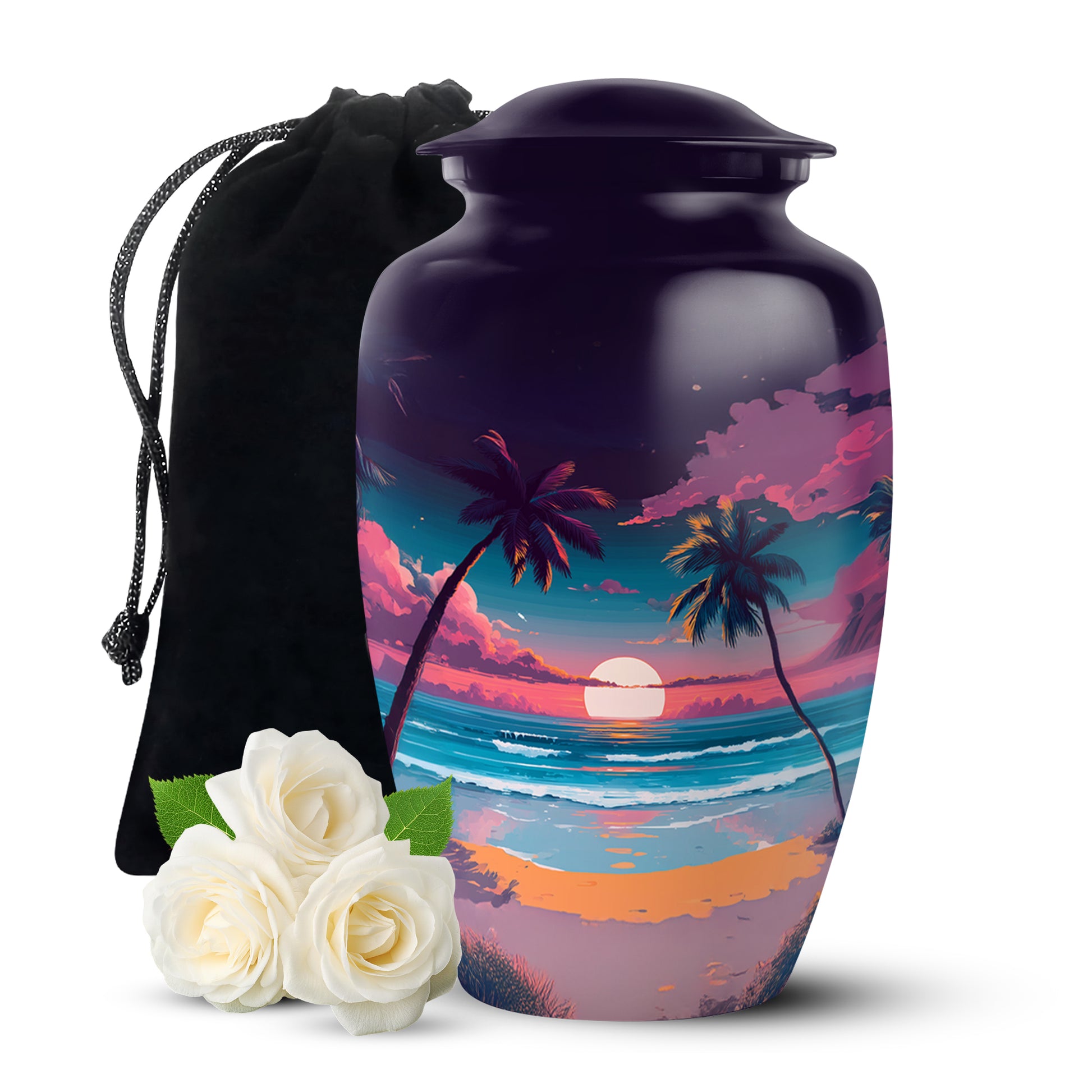 Plum Purple Beach Cremation Urn angled view of lid and engraved motif - timeless beach motif etched into premium metal - full-size 10 inch 200 cubic inch adult cremation urn