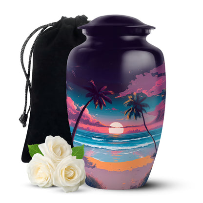 Plum Purple Beach Cremation Urn angled view of lid and engraved motif - timeless beach motif etched into premium metal - full-size 10 inch 200 cubic inch adult cremation urn