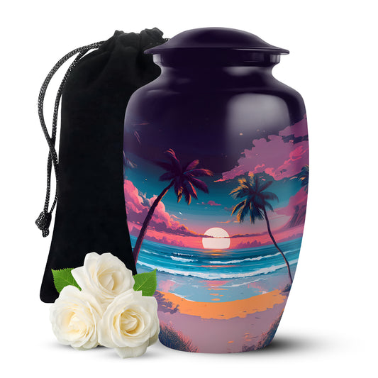 Plum Purple Beach Cremation Urn angled view of lid and engraved motif - timeless beach motif etched into premium metal - full-size 10 inch 200 cubic inch adult cremation urn