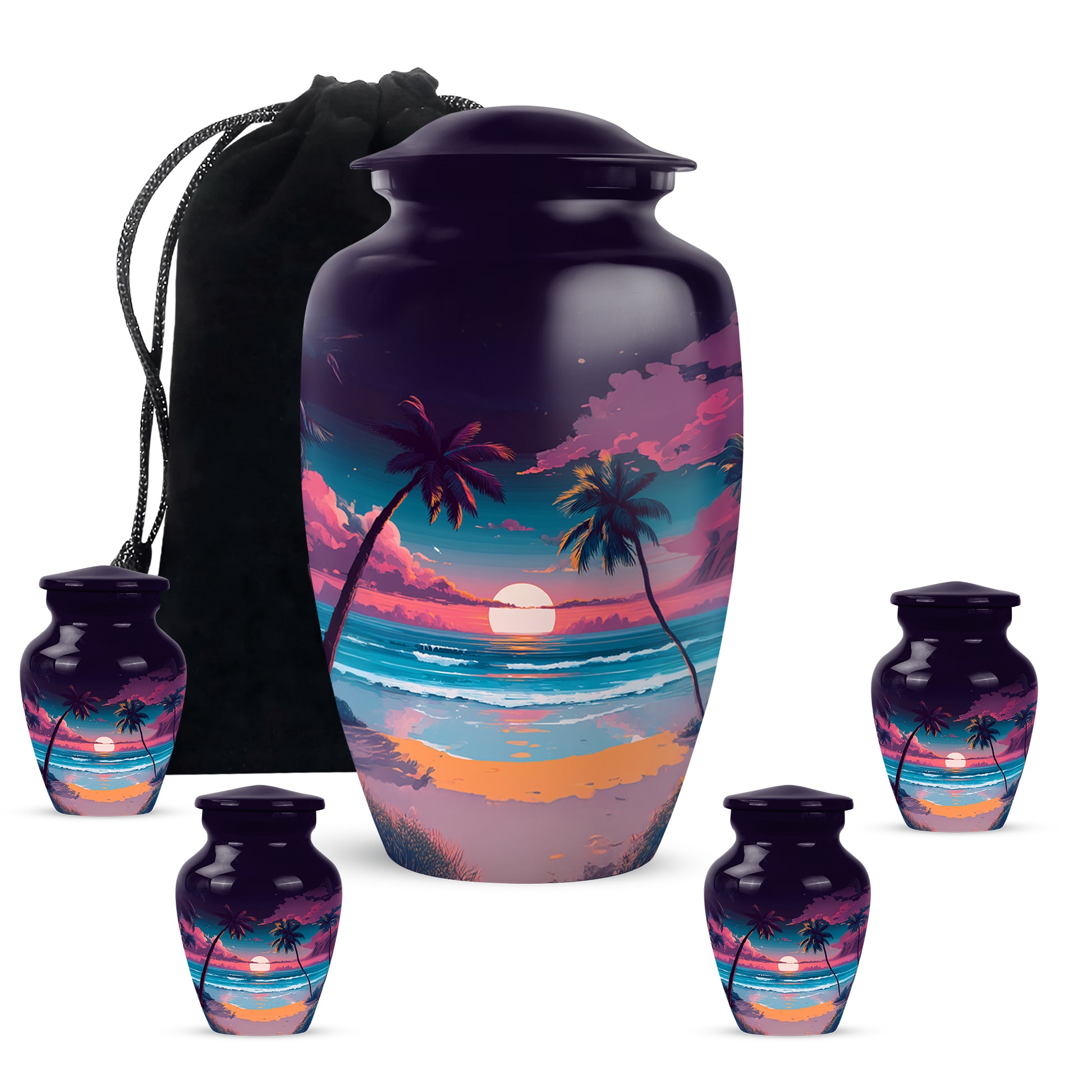Deep Purple Beach Cremation Urn top-down view of secure threaded lid - timeless beach motif etched into premium metal - memorial set with one large and four small urns