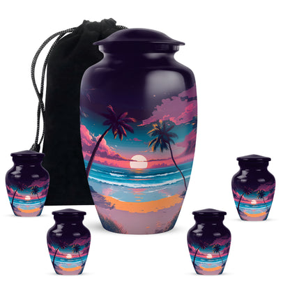 Deep Purple Beach Cremation Urn top-down view of secure threaded lid - timeless beach motif etched into premium metal - memorial set with one large and four small urns