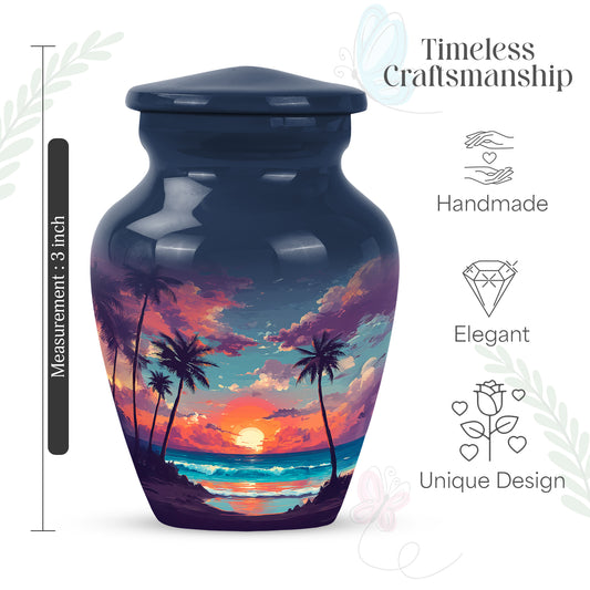 Misty Blue Beach Cremation Urn close-up of engraving and surface detail - timeless beach motif etched into premium metal - mini keepsake memorial for portion of cremation ashes