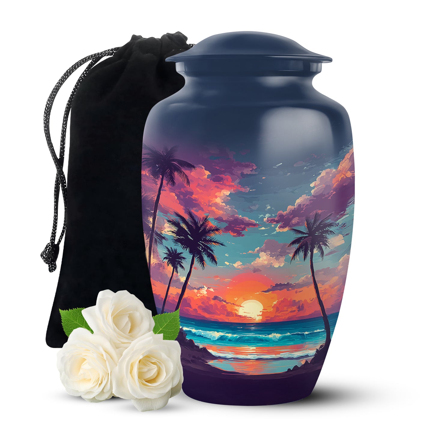 Powder Blue Beach Cremation Urn angled view of lid and engraved motif - timeless beach motif etched into premium metal - full-size 10 inch 200 cubic inch adult cremation urn