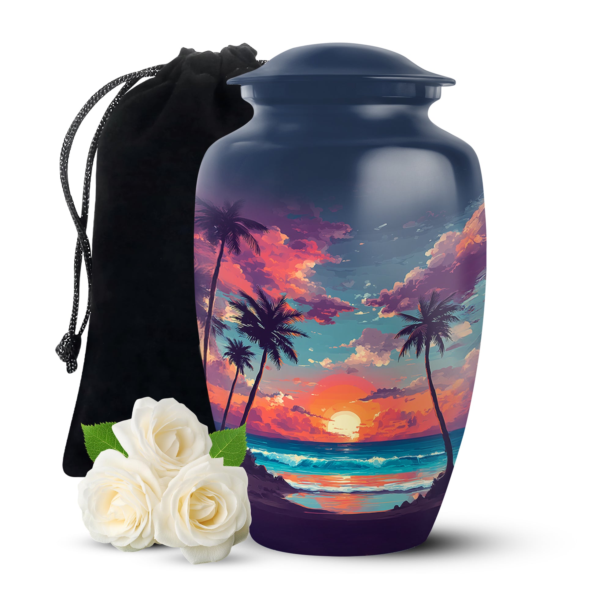 Powder Blue Beach Cremation Urn angled view of lid and engraved motif - timeless beach motif etched into premium metal - full-size 10 inch 200 cubic inch adult cremation urn