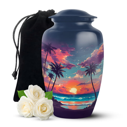 Powder Blue Beach Cremation Urn angled view of lid and engraved motif - timeless beach motif etched into premium metal - full-size 10 inch 200 cubic inch adult cremation urn