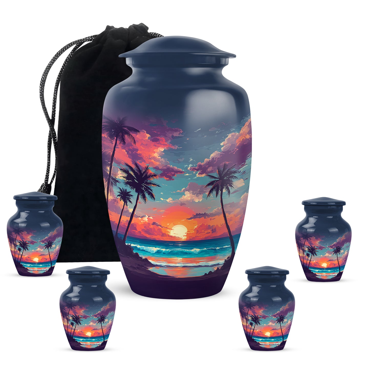 Calming Blue Beach Cremation Urn top-down view of secure threaded lid - traditional beach engraving with hand-polished finish - memorial set with one large and four small urns