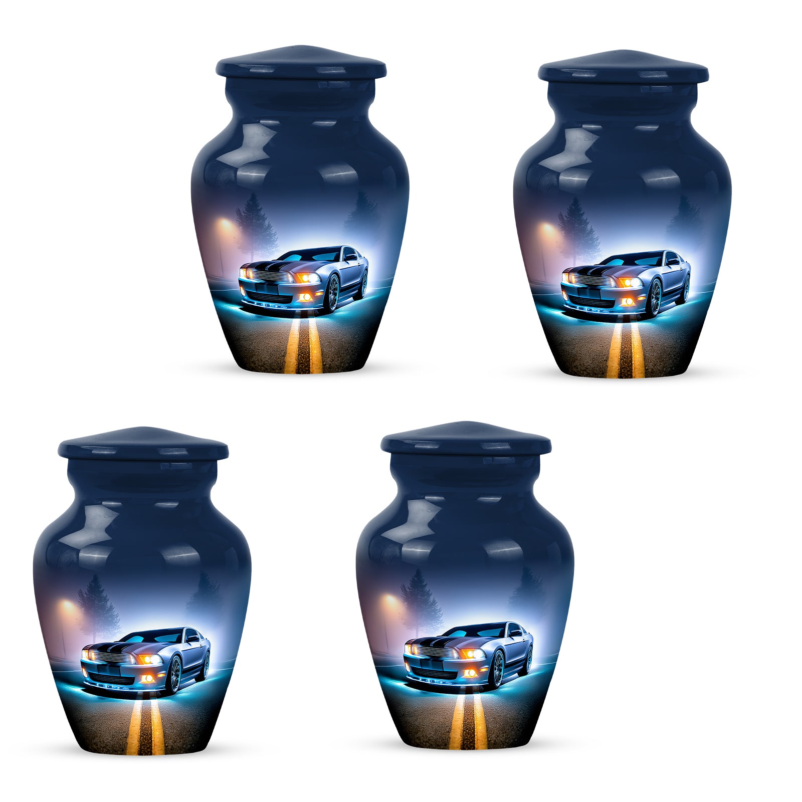 Icy Blue Car Cremation Urn side profile showing urn shape - classic sculpted car pattern on smooth aluminum - 10 inch aluminum urn for cremated remains