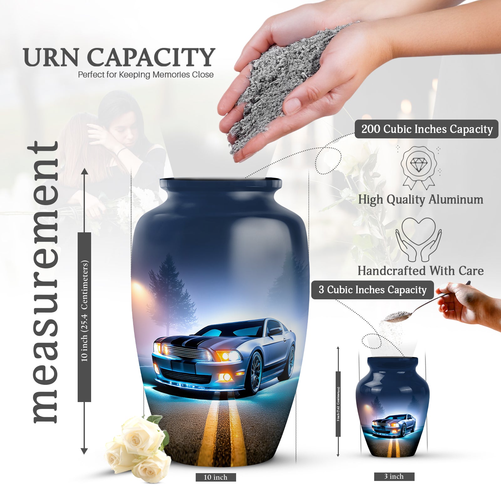 Vivid Blue Car Cremation Urn close-up of engraving and surface detail - elegant classic car relief with fine detailing - mini keepsake memorial for portion of cremation ashes