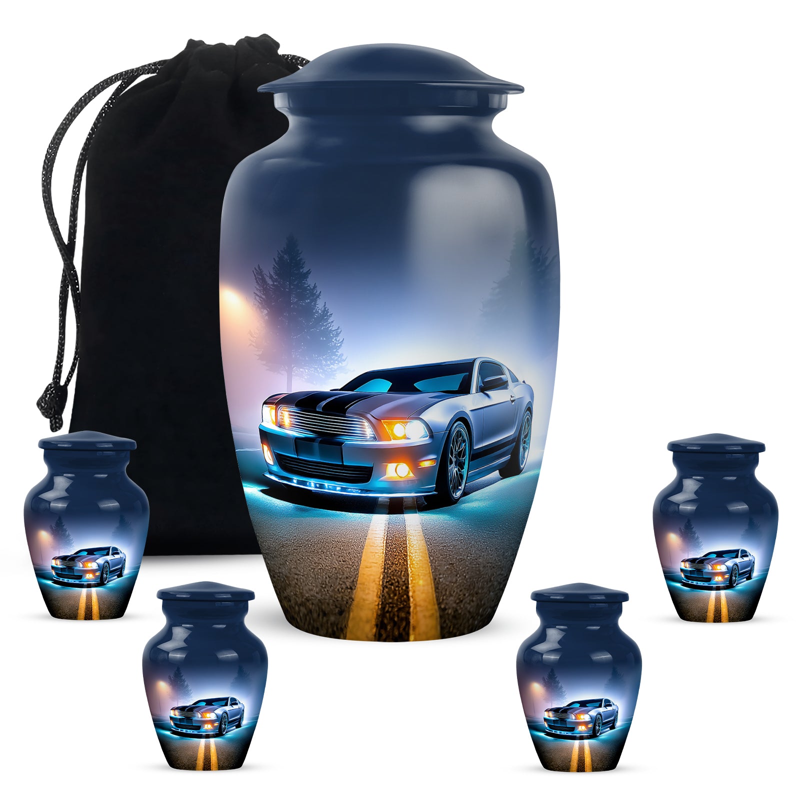 Indigo Car Cremation Urn top-down view of secure threaded lid - classic sculpted car pattern on smooth aluminum - memorial set with one large and four small urns