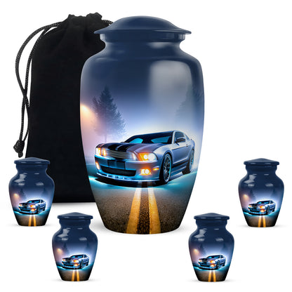 Indigo Car Cremation Urn top-down view of secure threaded lid - classic sculpted car pattern on smooth aluminum - memorial set with one large and four small urns