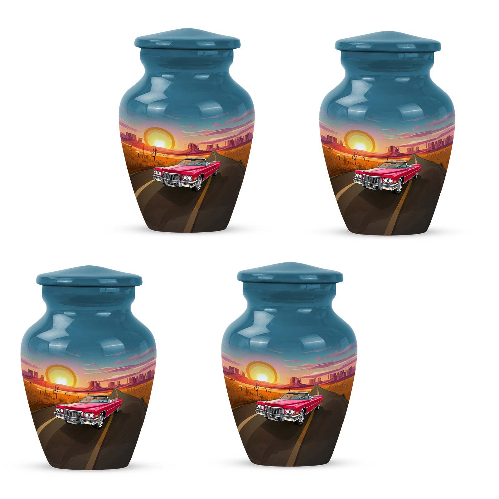 Indigo Car Cremation Urn side profile showing urn shape - timeless car motif etched into premium metal - 10 inch aluminum urn for cremated remains
