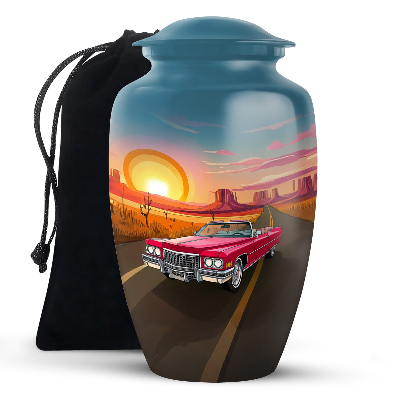 Celestial Blue Car Cremation Urn angled view of lid and engraved motif - classic sculpted car pattern on smooth aluminum - full-size 10 inch 200 cubic inch adult cremation urn