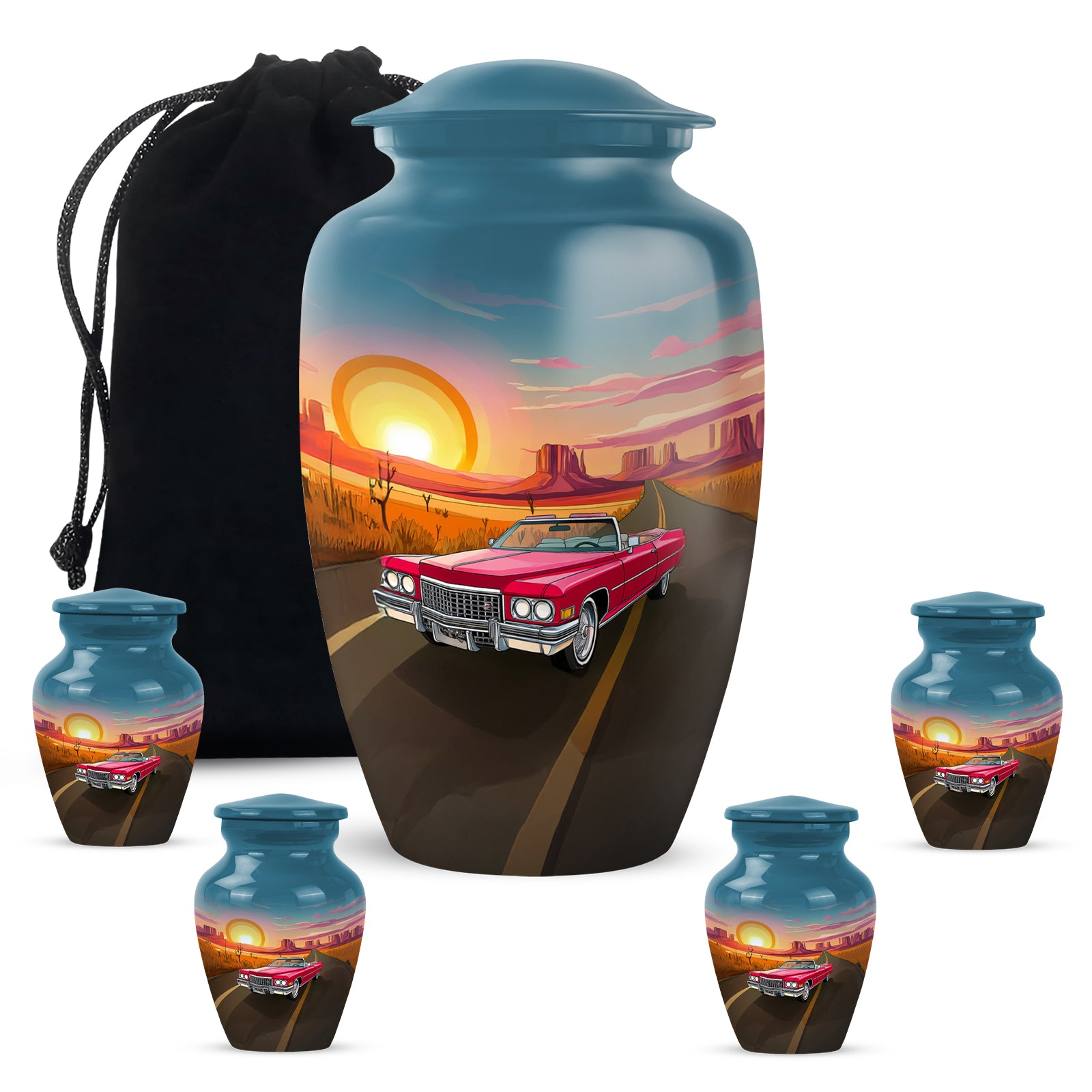 Azure Car Cremation Urn top-down view of secure threaded lid - timeless car motif etched into premium metal - memorial set with one large and four small urns