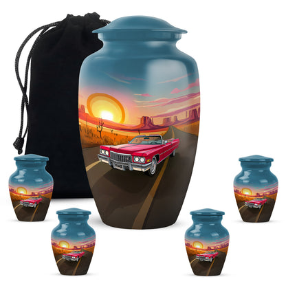 Azure Car Cremation Urn top-down view of secure threaded lid - timeless car motif etched into premium metal - memorial set with one large and four small urns