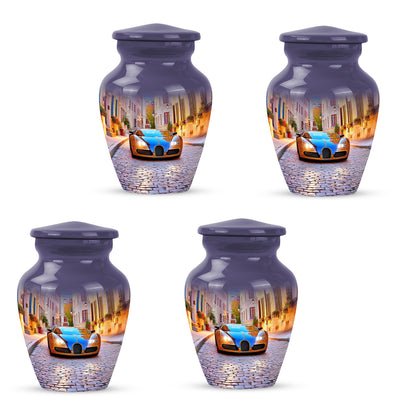 Sapphire Blue Car Cremation Urn side profile showing urn shape - traditional car engraving with hand-polished finish - 10 inch aluminum urn for cremated remains