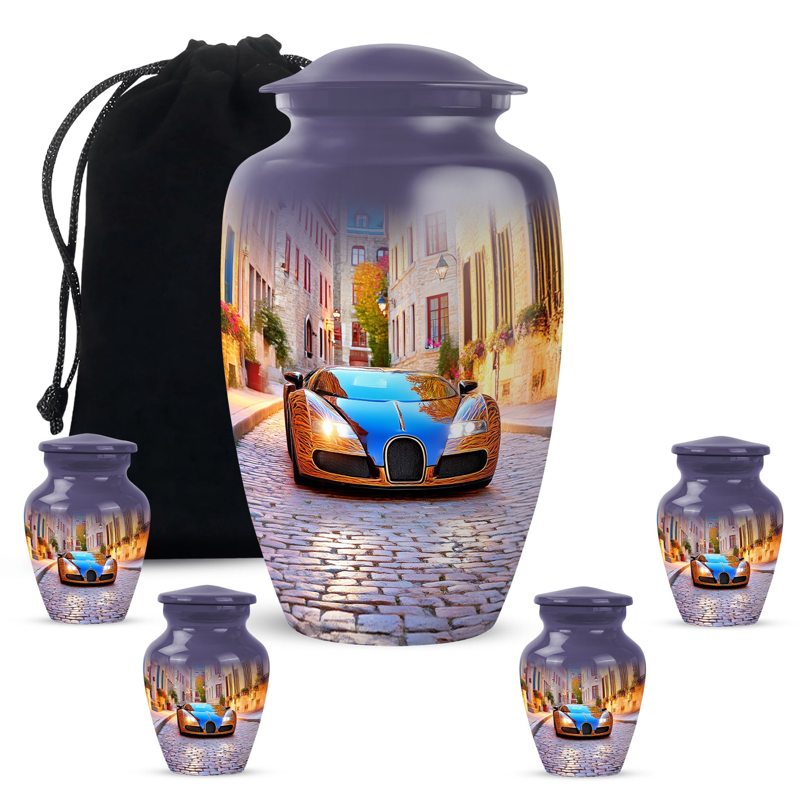 Dusty Blue Car Cremation Urn top-down view of secure threaded lid - timeless car motif etched into premium metal - memorial set with one large and four small urns