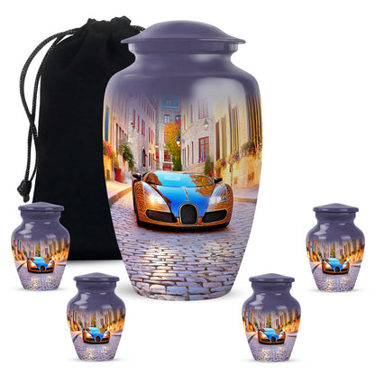 Dusty Blue Car Cremation Urn top-down view of secure threaded lid - timeless car motif etched into premium metal - memorial set with one large and four small urns