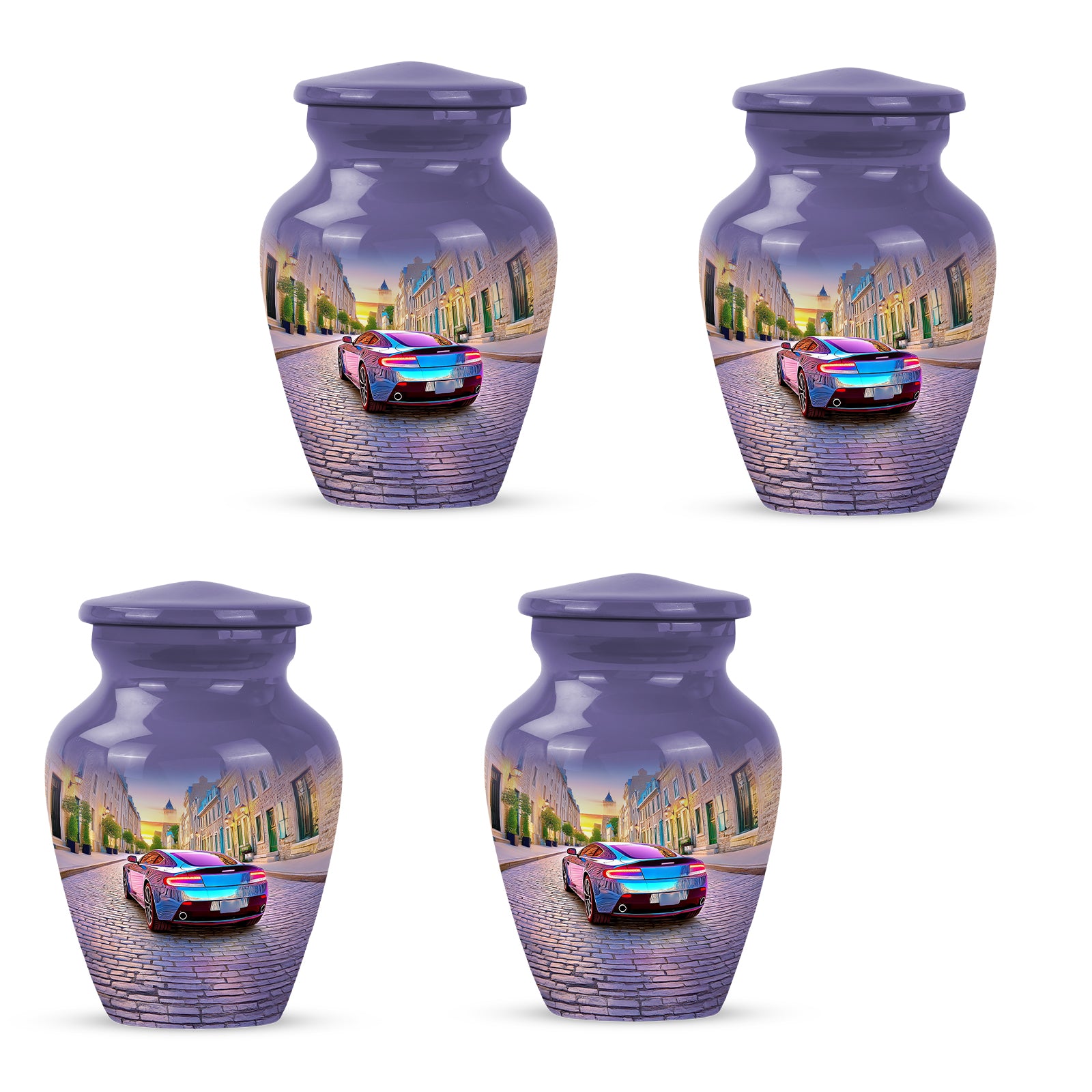 Dusty Blue Car Cremation Urn side profile showing urn shape - timeless car motif etched into premium metal - 10 inch aluminum urn for cremated remains
