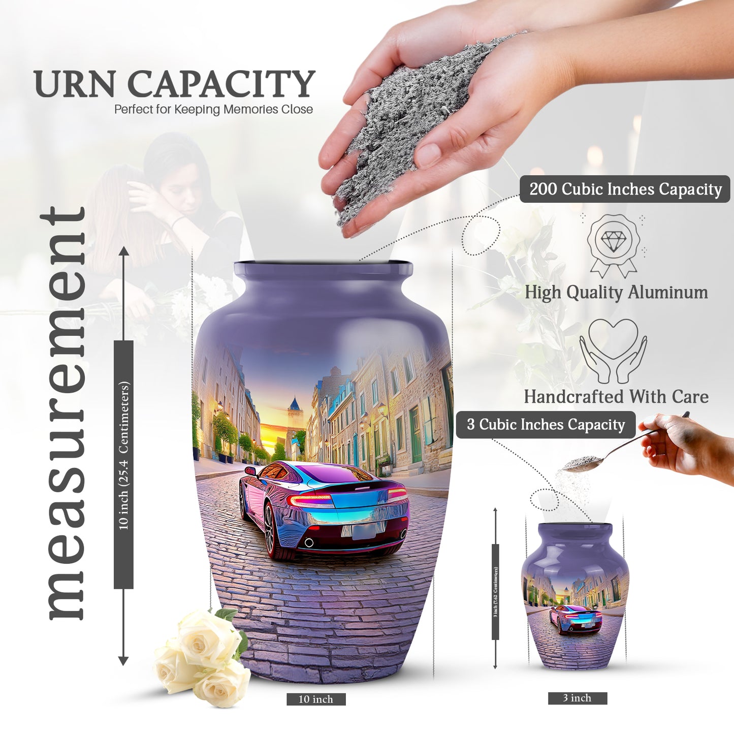 Cobalt Blue Car Cremation Urn close-up of engraving and surface detail - traditional car engraving with hand-polished finish - mini keepsake memorial for portion of cremation ashes