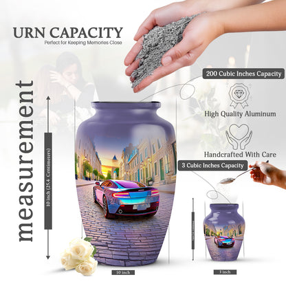 Cobalt Blue Car Cremation Urn close-up of engraving and surface detail - traditional car engraving with hand-polished finish - mini keepsake memorial for portion of cremation ashes