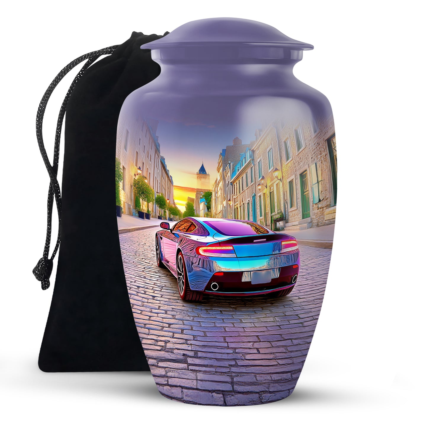 Cornflower Blue Car Cremation Urn angled view of lid and engraved motif - elegant classic car relief with fine detailing - full-size 10 inch 200 cubic inch adult cremation urn