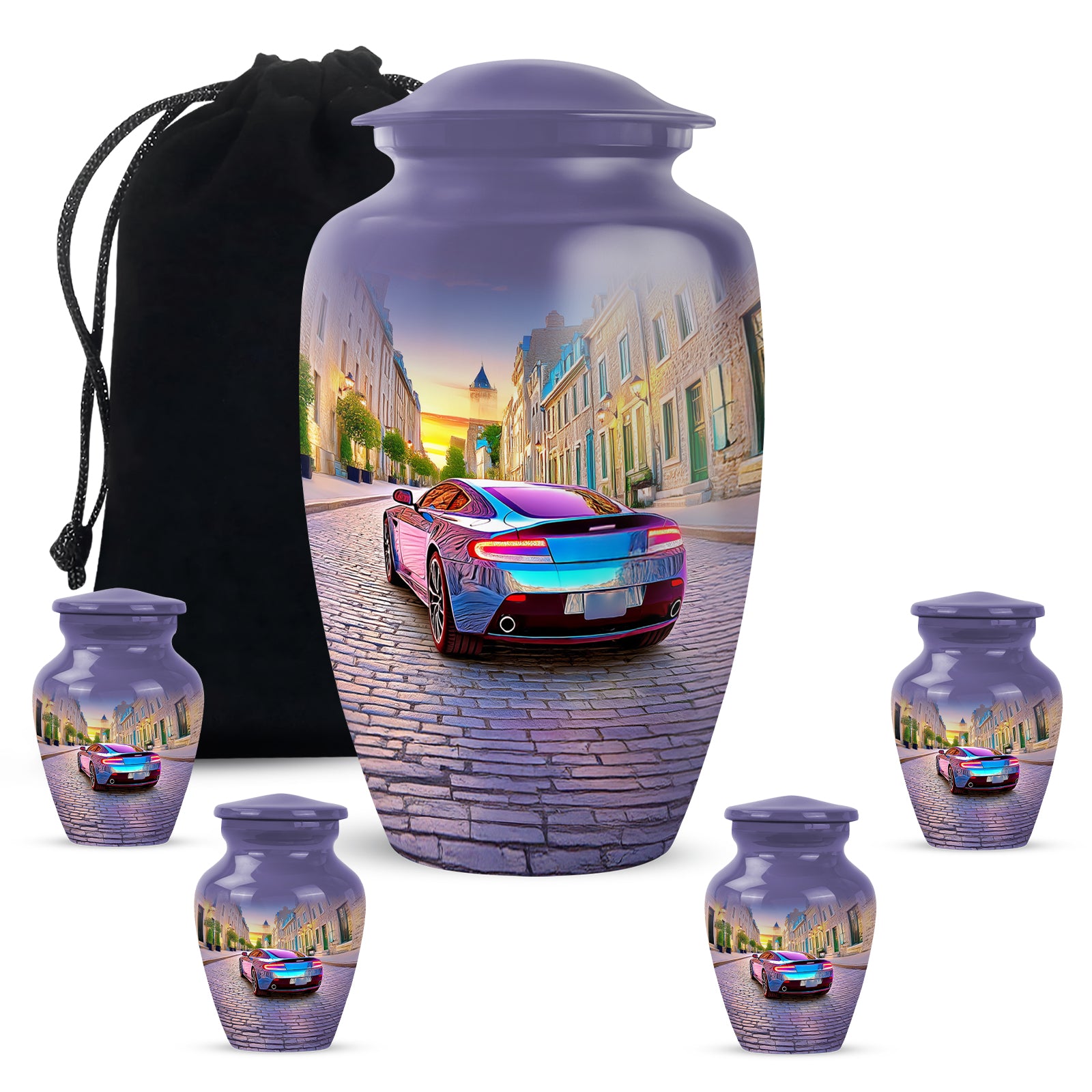 Pastel Blue Car Cremation Urn top-down view of secure threaded lid - classic sculpted car pattern on smooth aluminum - memorial set with one large and four small urns