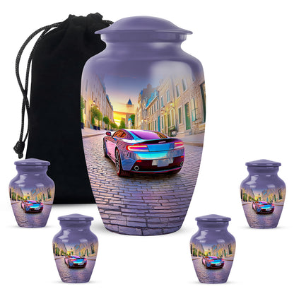 Pastel Blue Car Cremation Urn top-down view of secure threaded lid - classic sculpted car pattern on smooth aluminum - memorial set with one large and four small urns