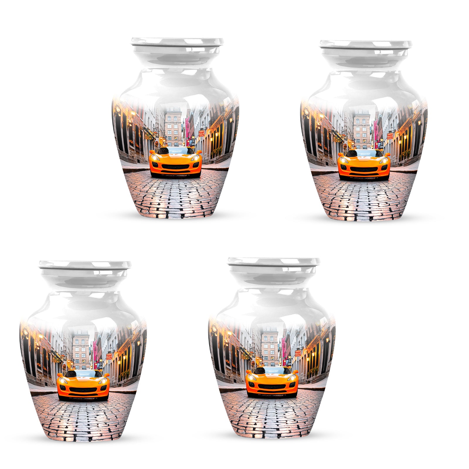 Pure White Car Cremation Urn side profile showing urn shape - timeless car motif etched into premium metal - 10 inch aluminum urn for cremated remains