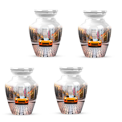 Pure White Car Cremation Urn side profile showing urn shape - timeless car motif etched into premium metal - 10 inch aluminum urn for cremated remains