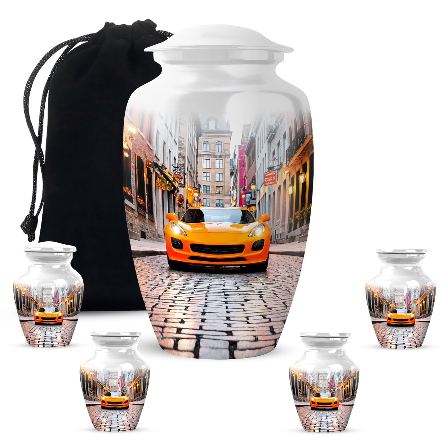 Silk White Car Cremation Urn top-down view of secure threaded lid - traditional car engraving with hand-polished finish - memorial set with one large and four small urns