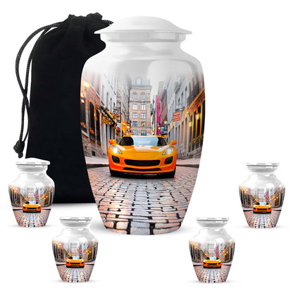 Silk White Car Cremation Urn top-down view of secure threaded lid - traditional car engraving with hand-polished finish - memorial set with one large and four small urns