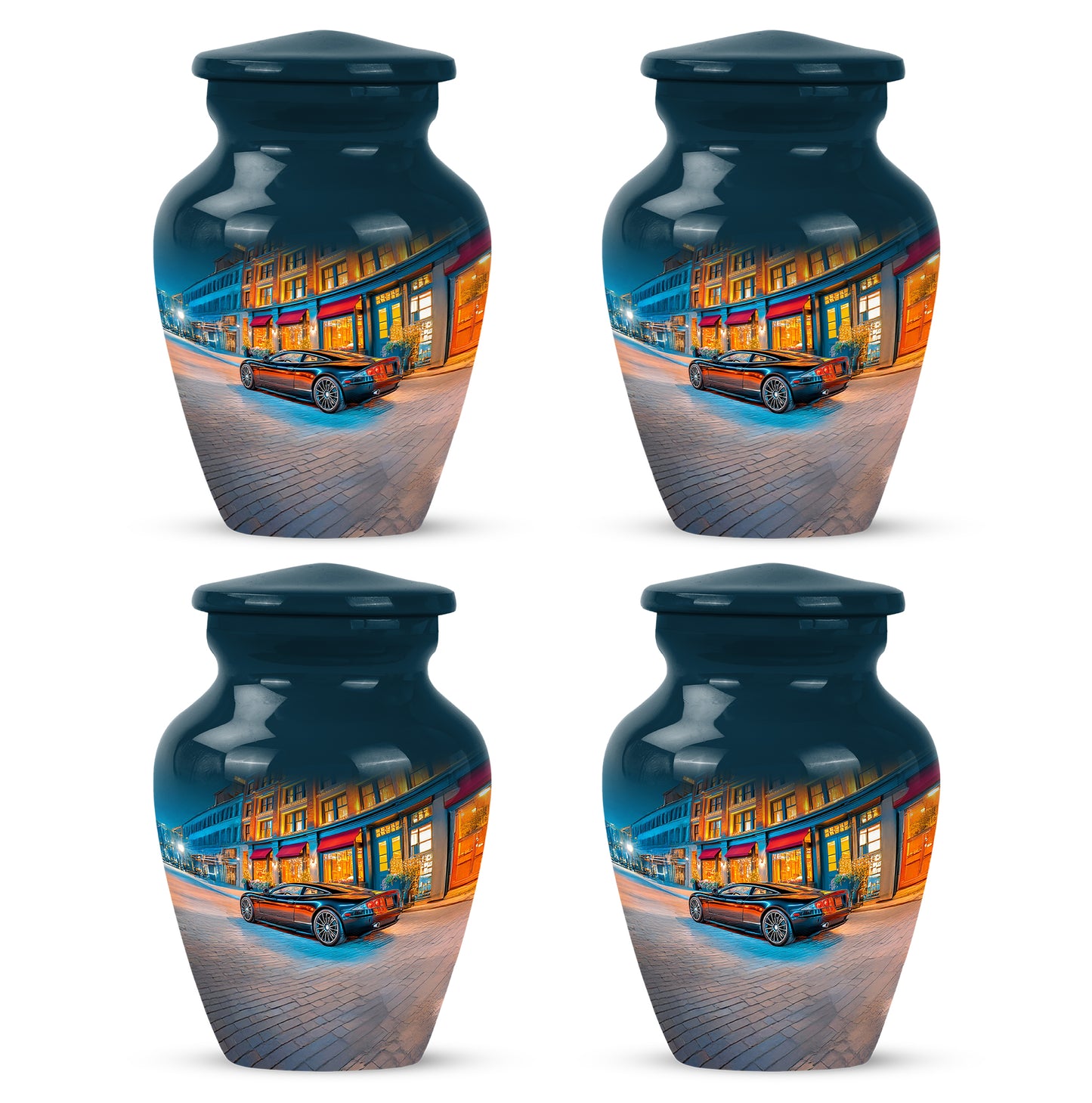 Powder Blue Car Cremation Urn side profile showing urn shape - timeless car motif etched into premium metal - 10 inch aluminum urn for cremated remains