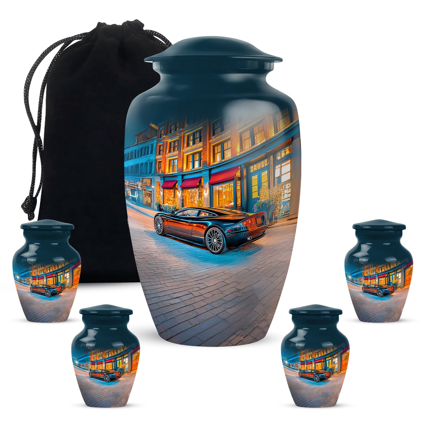Azure Car Cremation Urn top-down view of secure threaded lid - timeless car motif etched into premium metal - memorial set with one large and four small urns