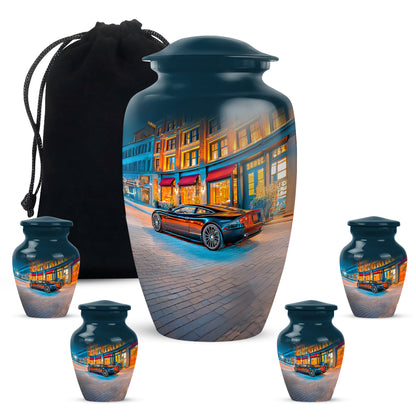 Azure Car Cremation Urn top-down view of secure threaded lid - timeless car motif etched into premium metal - memorial set with one large and four small urns