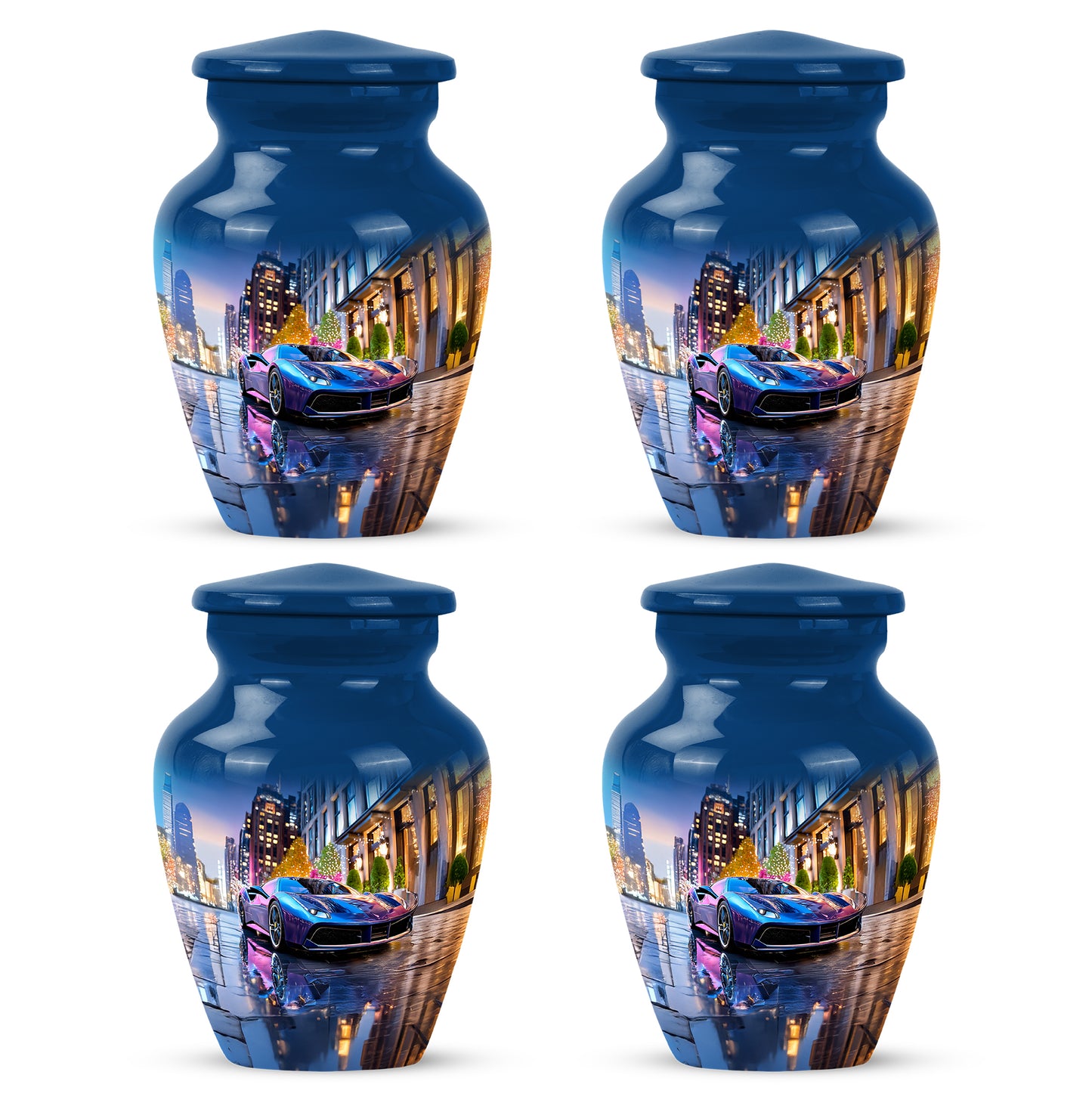 Celestial Blue Car Cremation Urn side profile showing urn shape - classic sculpted car pattern on smooth aluminum - 10 inch aluminum urn for cremated remains