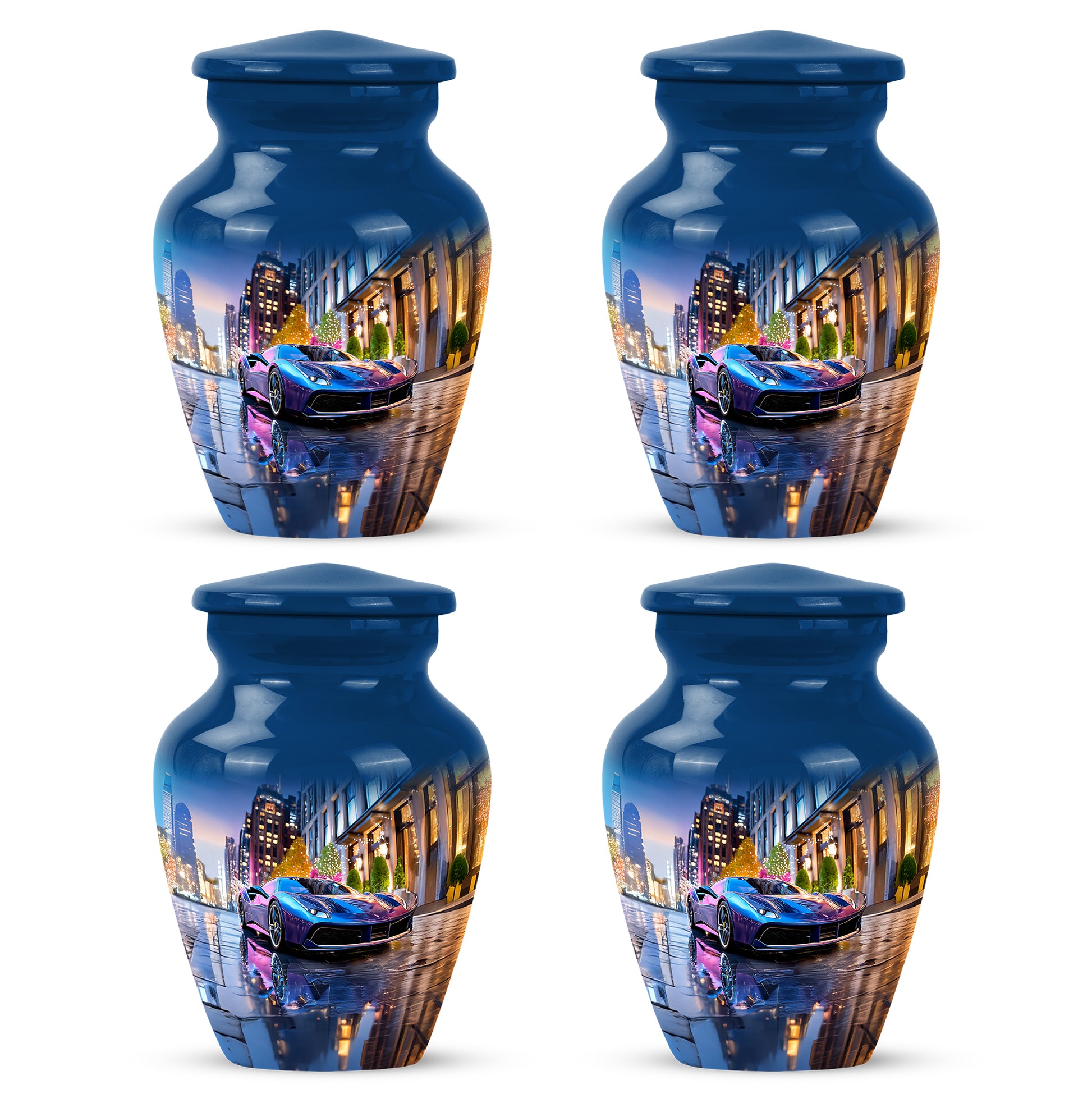 Celestial Blue Car Cremation Urn side profile showing urn shape - classic sculpted car pattern on smooth aluminum - 10 inch aluminum urn for cremated remains
