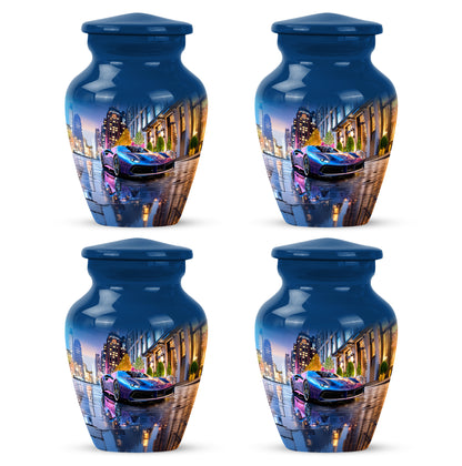 Celestial Blue Car Cremation Urn side profile showing urn shape - classic sculpted car pattern on smooth aluminum - 10 inch aluminum urn for cremated remains