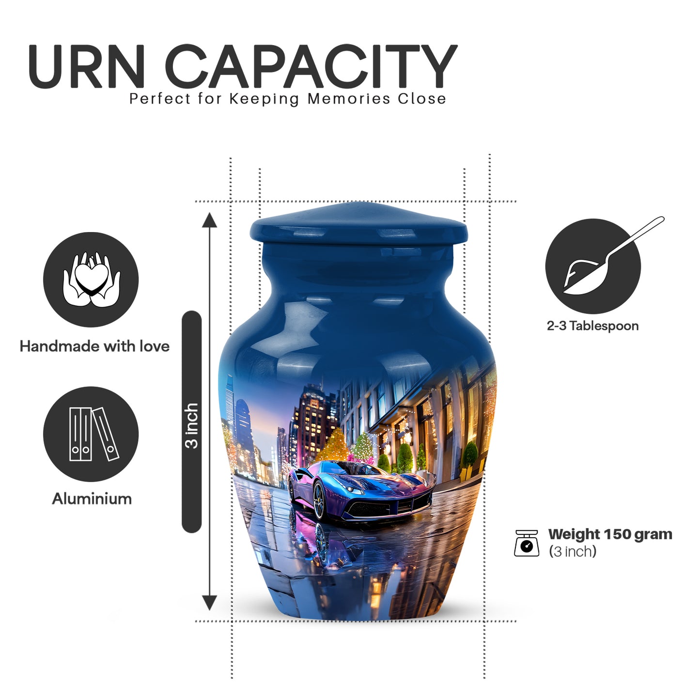 Bright Blue Car Cremation Urn close-up of engraving and surface detail - elegant classic car relief with fine detailing - mini keepsake memorial for portion of cremation ashes