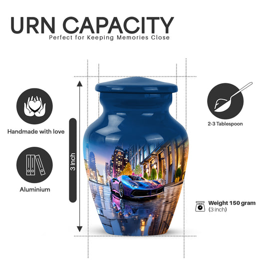 Bright Blue Car Cremation Urn close-up of engraving and surface detail - elegant classic car relief with fine detailing - mini keepsake memorial for portion of cremation ashes