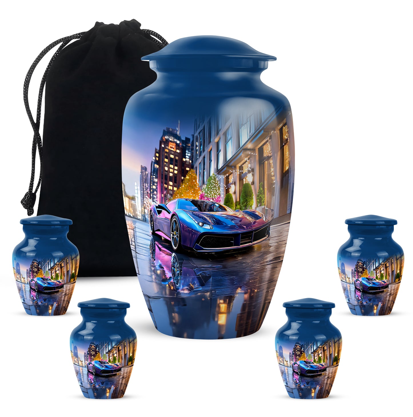 Serene Blue Car Cremation Urn top-down view of secure threaded lid - elegant classic car relief with fine detailing - memorial set with one large and four small urns