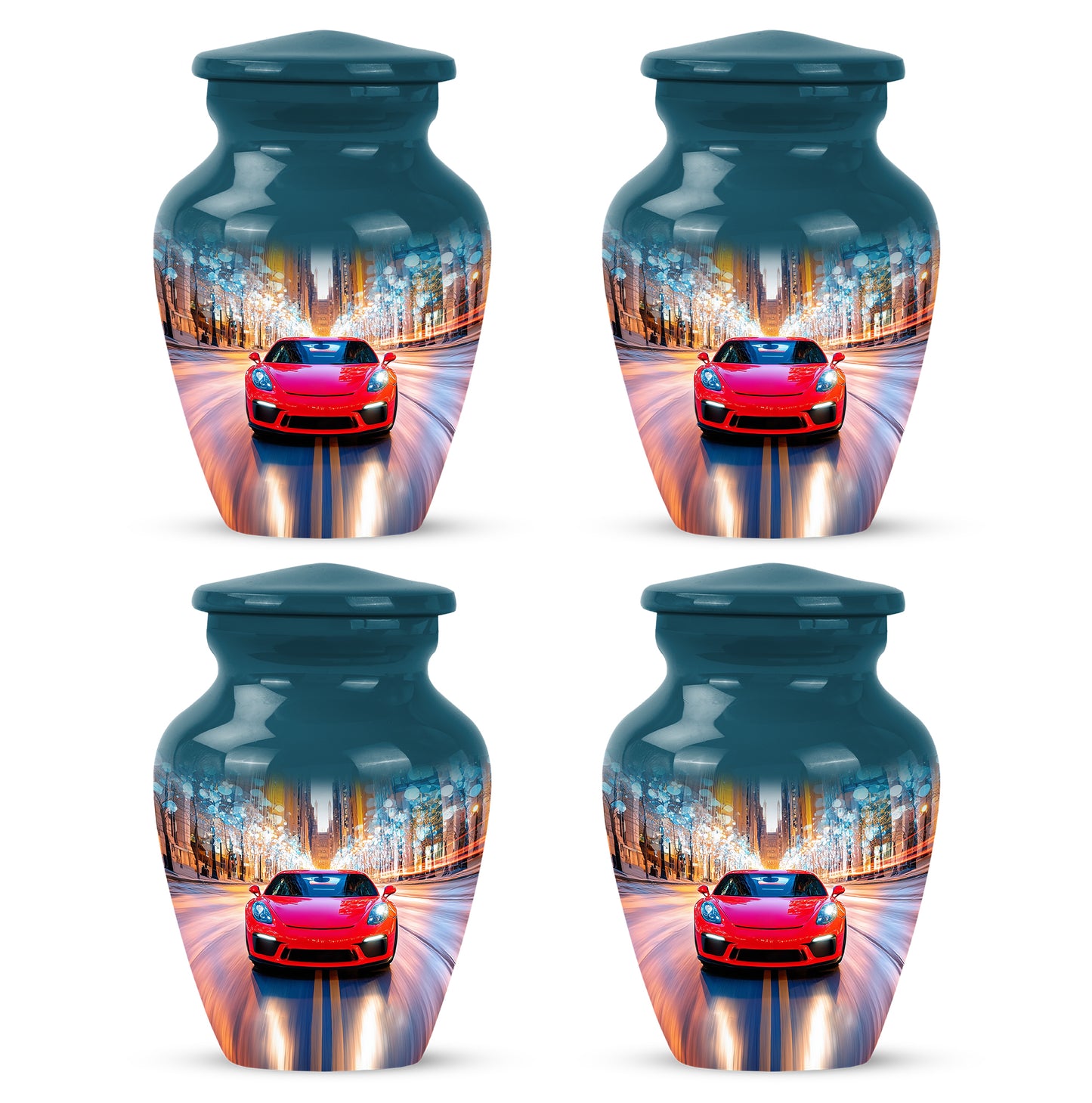 Slate Blue Car Cremation Urn side profile showing urn shape - classic sculpted car pattern on smooth aluminum - 10 inch aluminum urn for cremated remains