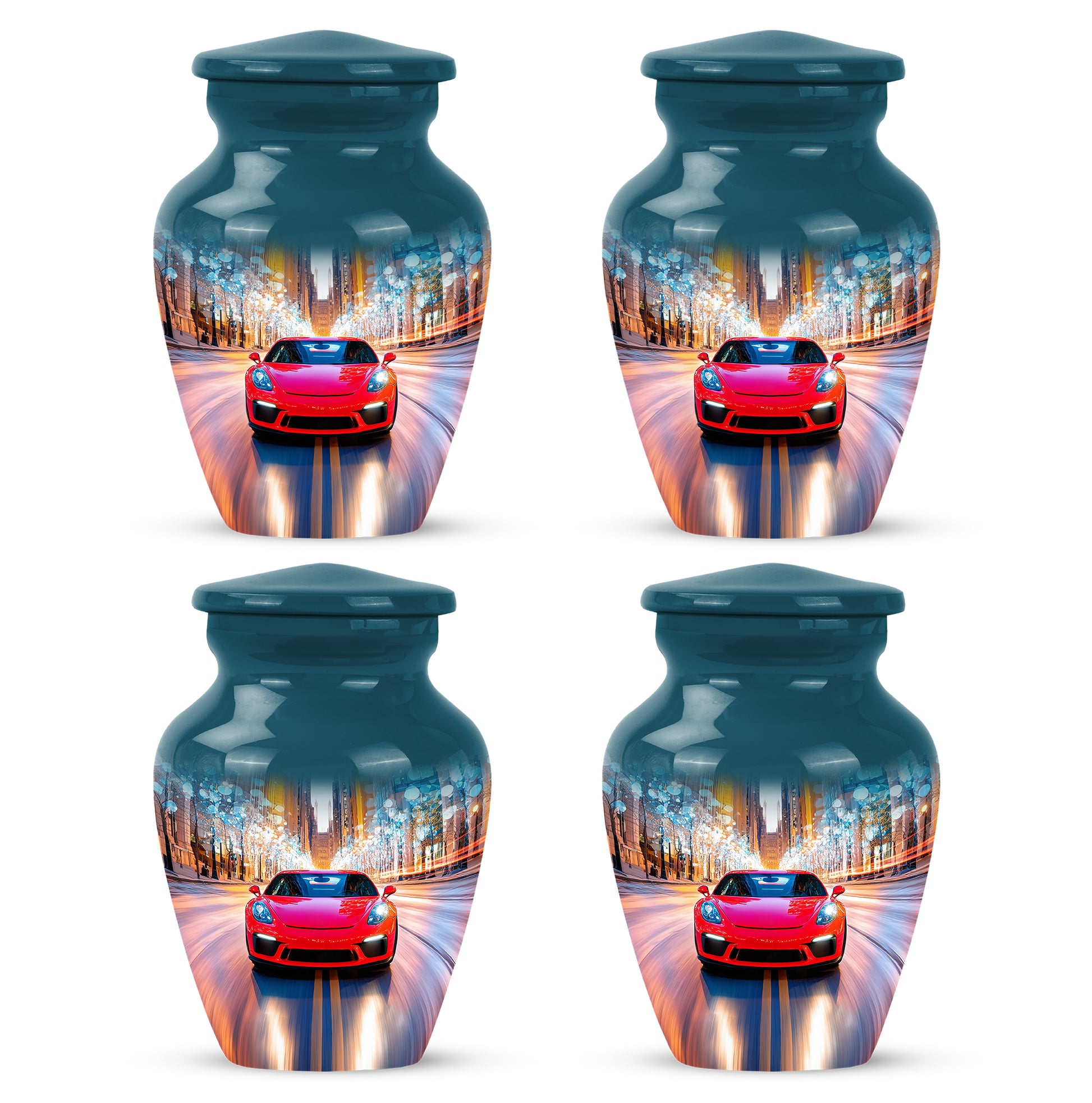 Slate Blue Car Cremation Urn side profile showing urn shape - classic sculpted car pattern on smooth aluminum - 10 inch aluminum urn for cremated remains
