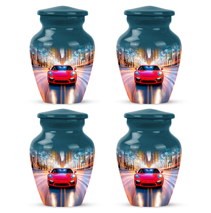 Slate Blue Car Cremation Urn side profile showing urn shape - classic sculpted car pattern on smooth aluminum - 10 inch aluminum urn for cremated remains
