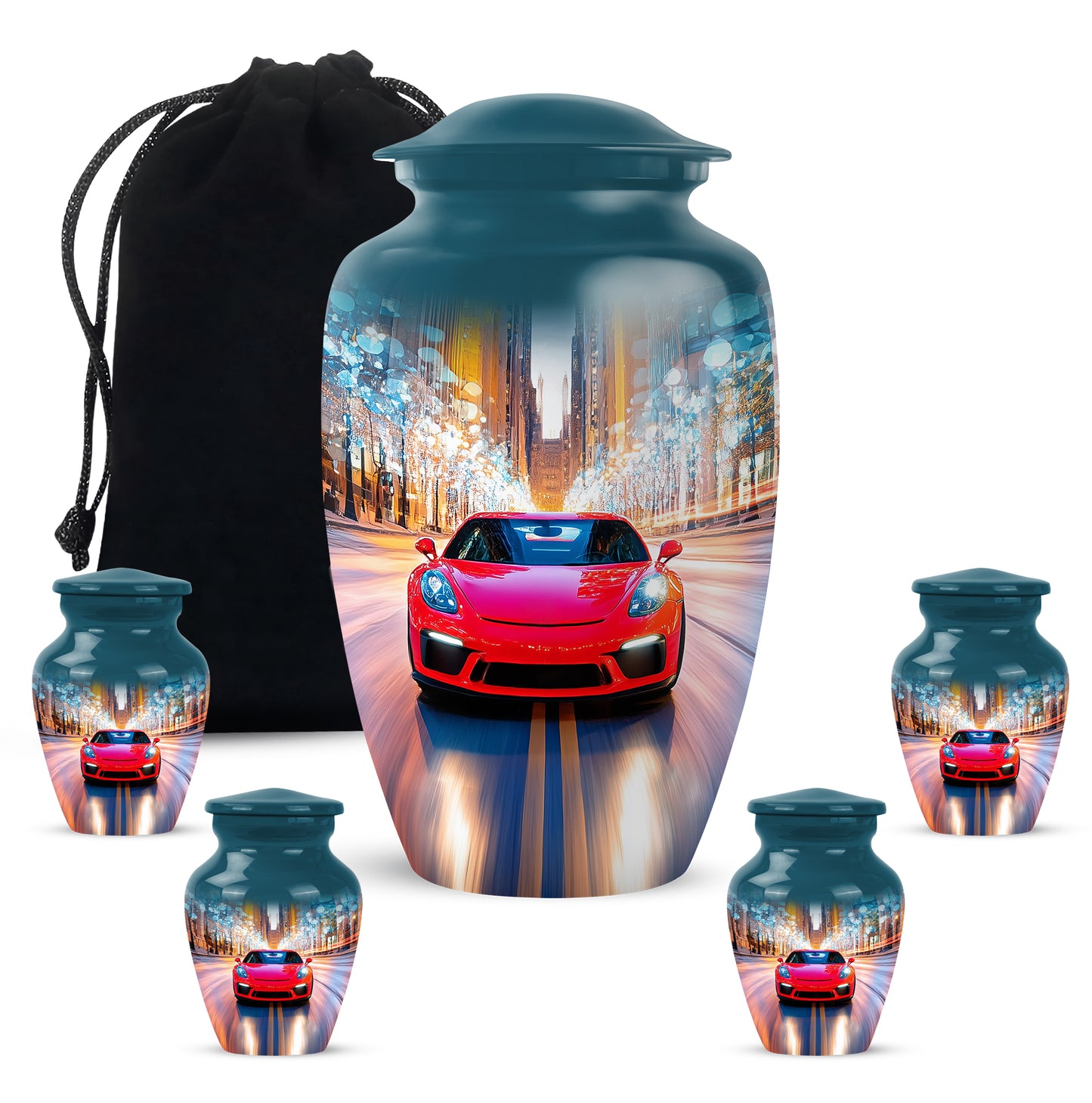Vivid Blue Car Cremation Urn top-down view of secure threaded lid - elegant classic car relief with fine detailing - memorial set with one large and four small urns