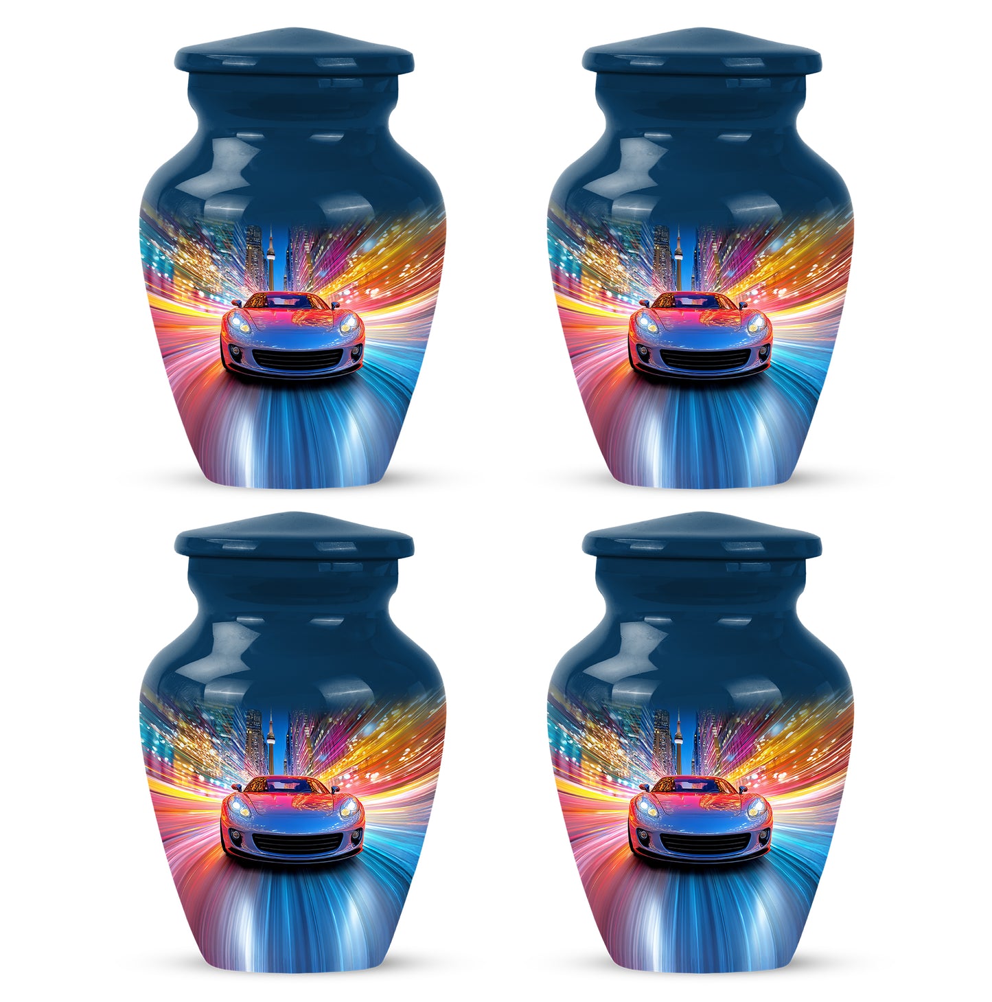 Icy Blue Car Cremation Urn side profile showing urn shape - timeless car motif etched into premium metal - 10 inch aluminum urn for cremated remains