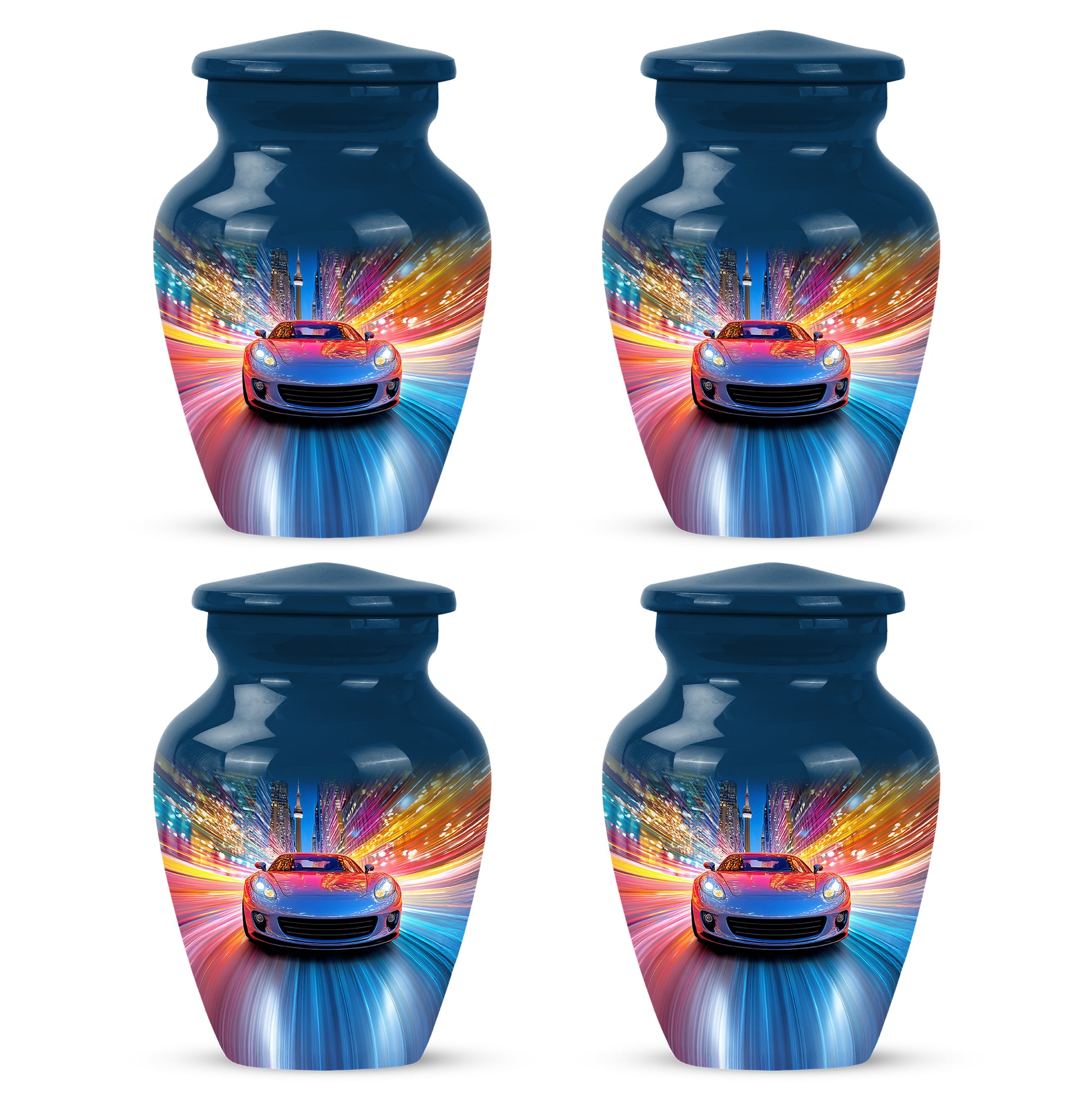Icy Blue Car Cremation Urn side profile showing urn shape - timeless car motif etched into premium metal - 10 inch aluminum urn for cremated remains