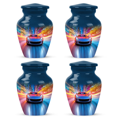 Icy Blue Car Cremation Urn side profile showing urn shape - timeless car motif etched into premium metal - 10 inch aluminum urn for cremated remains